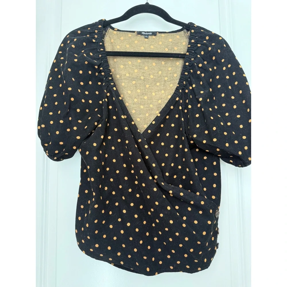 Madewell Womens Black Polka Dot Corduroy Wrap Top Puff Sleeve Size L